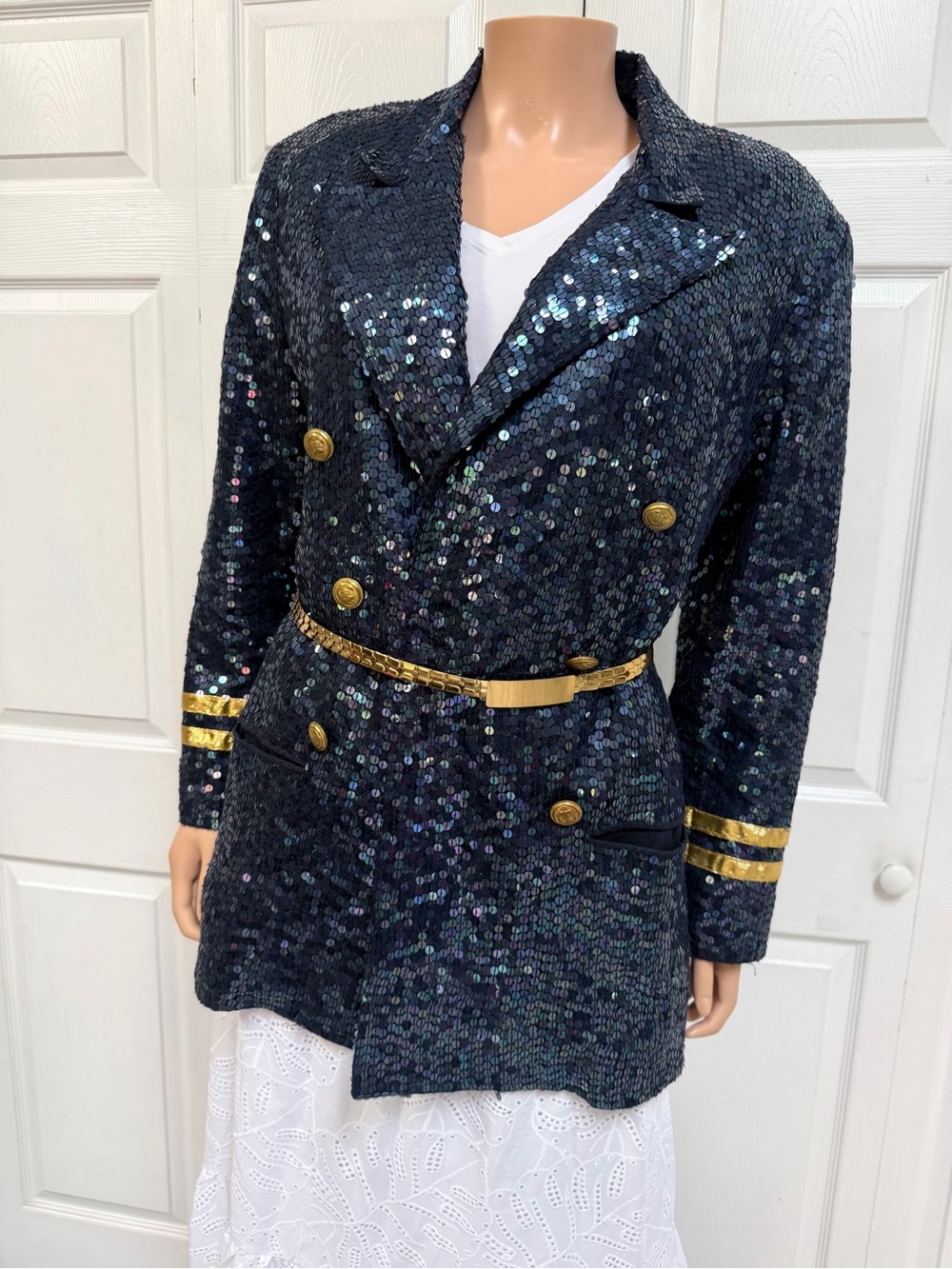 Nautical Navy Blue Sequin Double-Breasted Blazer Jacket Gold Trim Women’s Large